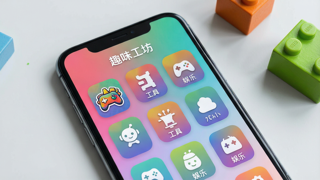 一张手机屏幕的特写,屏幕中显示一款名为“趣味工坊”的APP主界面,界面采用多彩的渐变配色,布局为整齐的网格状功能图标,包含游戏、工具、娱乐等分类。背景是干净的浅灰色桌面,手机旁边散落着几个彩色的小玩具积木,整体风格明快、活泼,画质清晰,干净,无多余元素。
