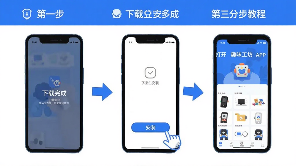 一副分步教程风格的插图,第一步是手机屏幕显示下载完成界面,第二步是点击安装按钮,第三步是打开“趣味工坊”APP并显示主界面。画面风格简洁清晰,以蓝色和白色为主色调,用箭头指示操作顺序,画质干净,无多余元素。