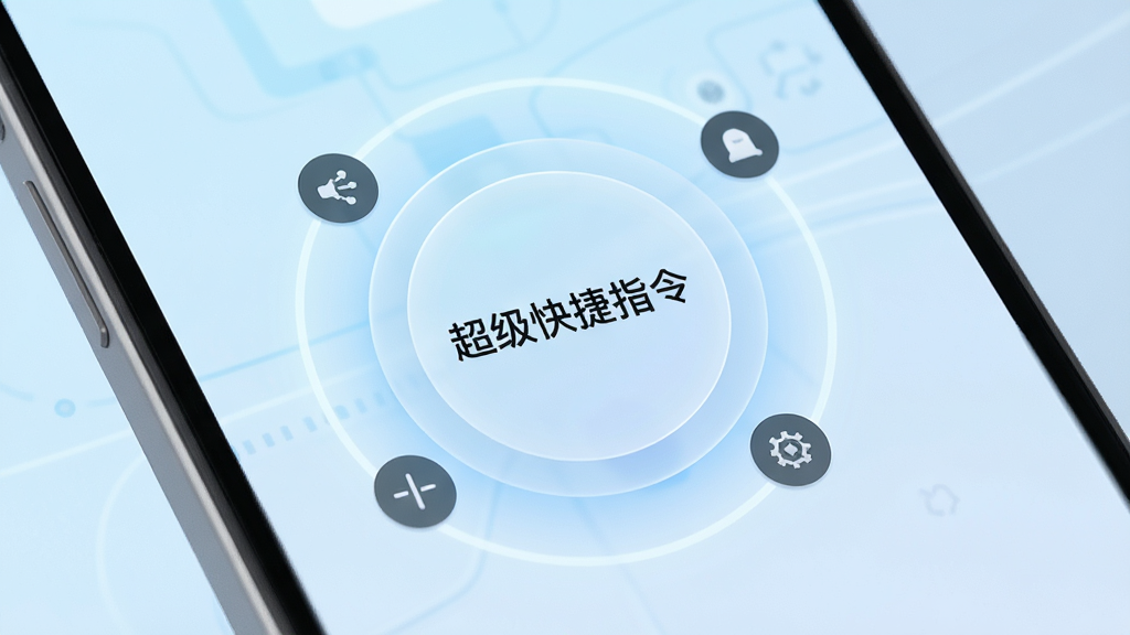高清渲染图,主体为一部现代智能手机屏幕中央悬浮着一个半透明的圆形快捷指令按钮,按钮上有“超级快捷指令”字样,背景为淡蓝色科技感光效,布局简洁,按钮居中突出,排版干净,风格扁平化设计,细节包括按钮周围有微光晕和几个小功能图标,画质细腻,干净,无多余元素
