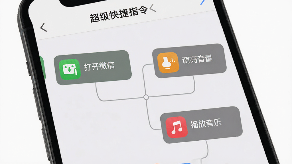 手机界面展示指令编辑页面,屏幕上有多个动作模块(打开微信、调高音量、播放音乐)通过线条连接,顶部有“超级快捷指令”标题栏,背景为浅灰色,布局为流程图样式,排版规整,风格清爽简约,细节包括每个模块有不同颜色图标,画质清晰,干净,无多余元素
