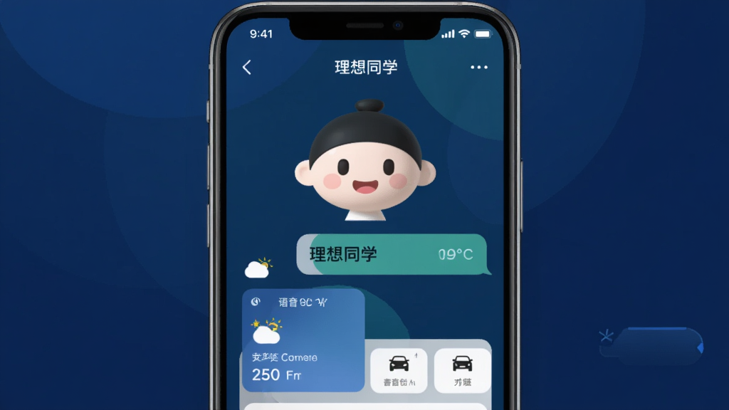 理想同学APP界面预览图,主体为智能手机展示语音助手对话界面,背景采用简洁的深蓝色渐变,界面中央显示理想同学卡通形象与对话气泡,布局以手机居中构图,排版清晰,风格现代科技感,细节包含天气卡片与车辆状态图标,画质高清干净,无多余元素