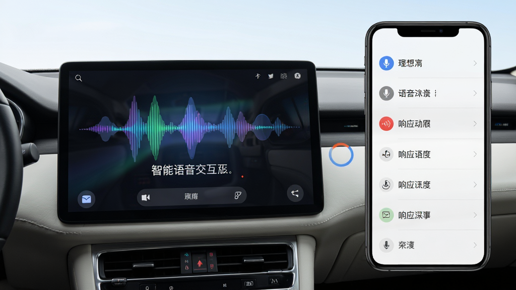 理想同学智能语音交互功能展示,主体是车机中控屏幕与手机联动场景,屏幕内显示语音波形动画与识别文字,布局采用左右分屏构图,左侧为驾驶位视角,右侧为功能列表,排版直观,风格明亮写实,细节突出麦克风图标与响应速度标识,画质清晰,无多余元素
