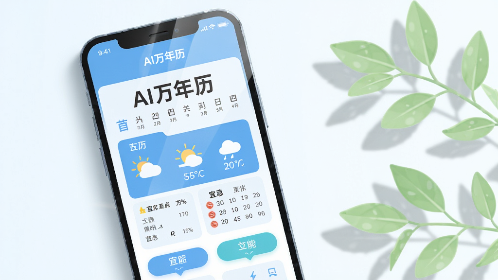 主体:一部亮着屏幕的智能手机,屏幕中央显示“AI万年历”App界面,界面可见农历日期、天气图标和宜忌列表。布局:手机位于画面中心偏左,右侧留白配以浅绿色植物枝叶点缀,整体呈横向构图。排版:界面元素排列整齐,顶部为日期大字,中部为天气符号,底部为功能按钮。风格:扁平化插画风格,色彩清新明快,以淡蓝与白色为主色调。细节:手机屏幕反光自然,植物阴影柔和,界面文字清晰可读。画质:高清渲染,干净无多余元素。
