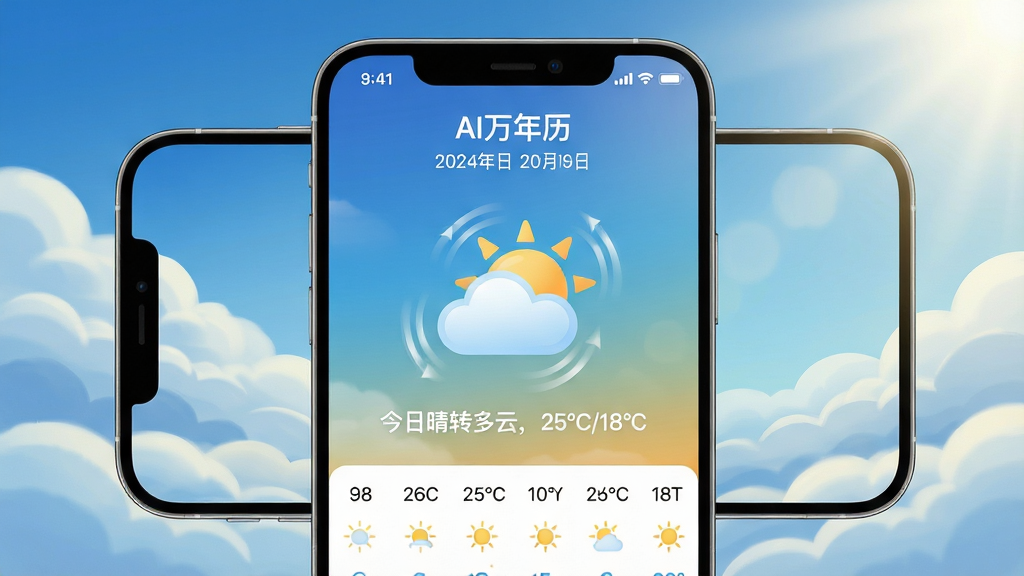 主体:手机横屏展示“AI万年历”的天气详情页,页面显示“今日晴转多云,25℃/18℃”字样。布局:手机占据画面中央,背景为蓝天白云与阳光的渐变天空。排版:页面顶部为城市名称与日期,中部为大型天气图标,底部为逐小时预报条。风格:写实与插画结合风格,色彩通透自然。细节:天气图标带有轻微动态效果,背景云层层次丰富。画质:4K级别清晰度,画面干净无多余元素。