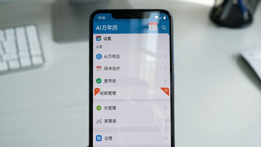 主体:一张安卓手机截图,显示“AI万年历”应用内“设置”页面,高亮“权限管理”选项。布局:手机居中,背景为浅灰色办公桌面。排版:设置列表清晰,权限管理条目带红色角标。风格:写实风格,光线自然。细节:屏幕反射轻微,图标精致。画质:高清,无多余元素。