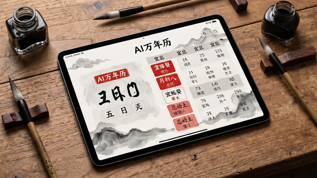 主体:平板电脑斜放于木质桌面,屏幕显示“AI万年历”的历法详情页,包含农历五月初八、宜嫁娶、忌动土等红色标注。布局:平板居中,周围散落毛笔与墨水瓶等中式文具。排版:页面左侧为日期大字,右侧为详细宜忌列表。风格:新中式水墨风格,淡雅素净。细节:桌面木纹清晰,笔墨元素与历法内容呼应。画质:高清细腻,无多余杂物。