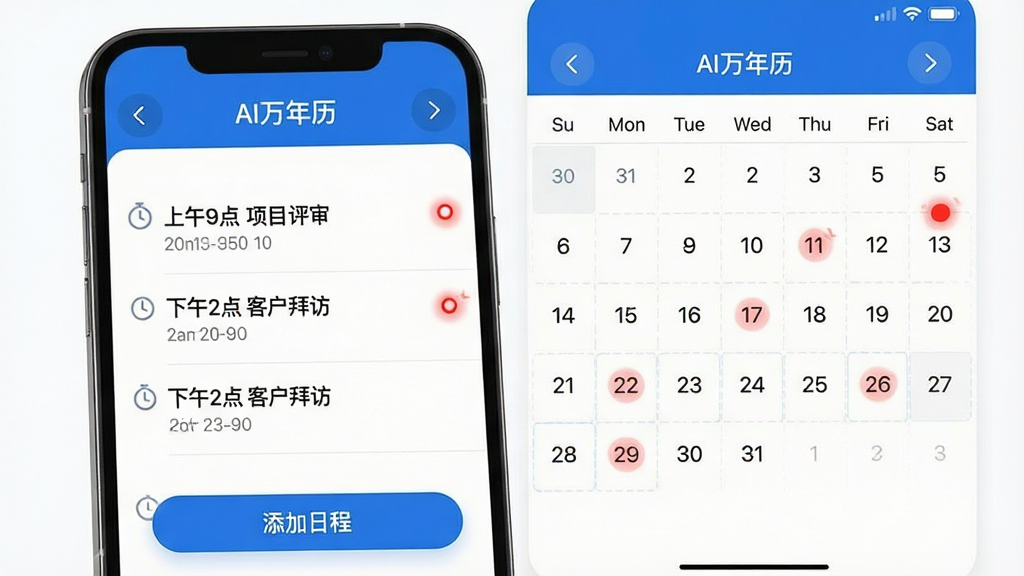 主体:手机竖屏展示“AI万年历”的日程管理界面,列表显示“上午9点 项目评审”、“下午2点 客户拜访”等条目。布局:手机左侧,右侧为日历网格与红色标记点。排版:顶部为月份切换箭头,中部为日程列表,底部为“添加日程”悬浮按钮。风格:商务简约风,蓝白配色。细节:日程条目带有时间小图标,标记点闪烁。画质:锐利清晰,背景纯净。