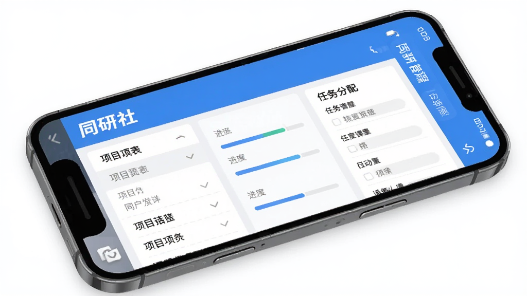 同研社课题管理功能界面,展示项目列表、进度条、任务分配等元素,主体为手机屏幕截图风格,布局清晰,蓝白配色,扁平化设计,突出“同研社”文字标识,画质高清,界面干净整洁