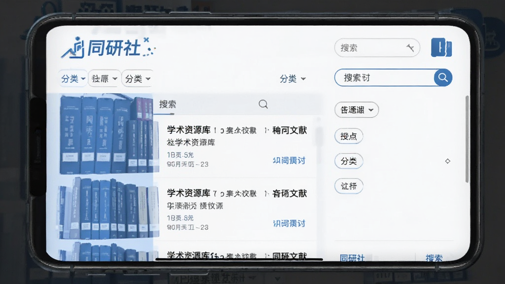 同研社学术资源库界面,展示文献列表、分类筛选、搜索框等元素,主体为手机屏幕截图,布局规整,包含“同研社”字样,蓝白主题,风格专业,画质清晰,细节丰富
