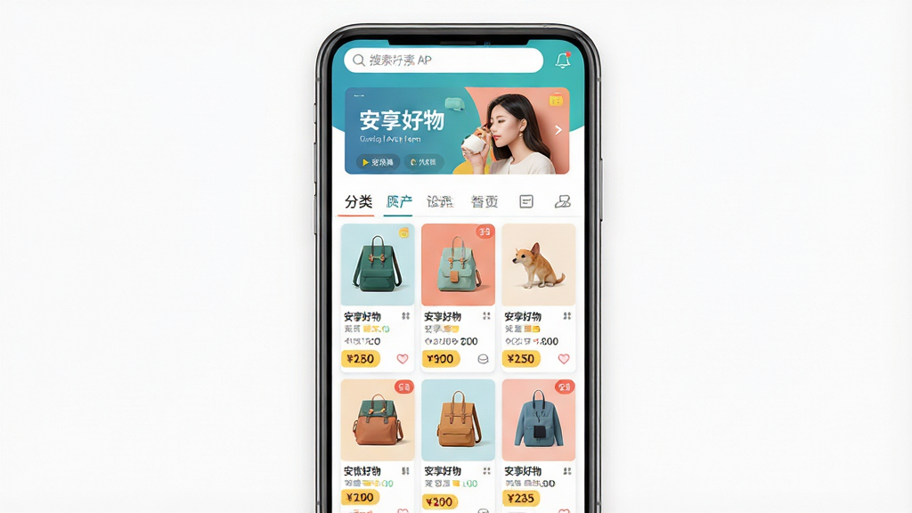 主体:安享好物APP界面展示,手机屏幕中显示商品瀑布流与分类导航,顶部有搜索栏与轮播banner;布局:手机居中,屏幕内容清晰可见,周围留白干净;排版:商品卡片整齐排列,色彩明快;风格:现代扁平化,时尚简约;细节:界面文字“安享好物”清晰,商品图片精美,价格标签醒目;画质:高清,干净,无多余元素