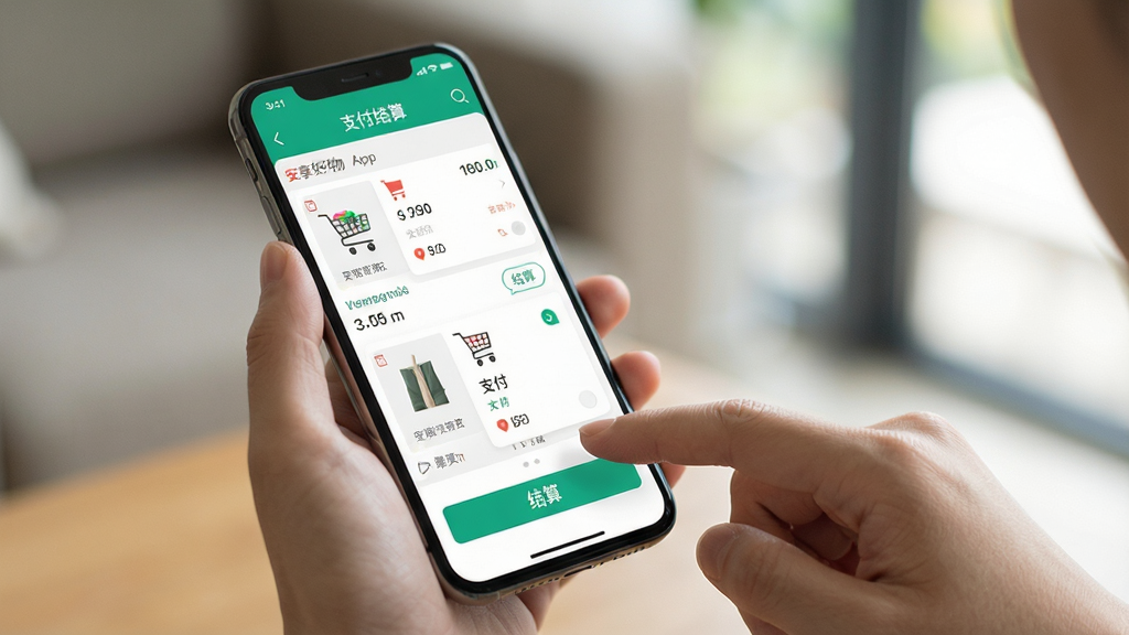 主体:用户正在手机上操作安享好物APP,屏幕显示购物车与结算页面;布局:手部持机特写,背景虚化;排版:界面元素清晰;风格:真实生活场景;细节:手指点击“结算”按钮,屏幕出现支付选项;画质:高清,干净,无多余元素