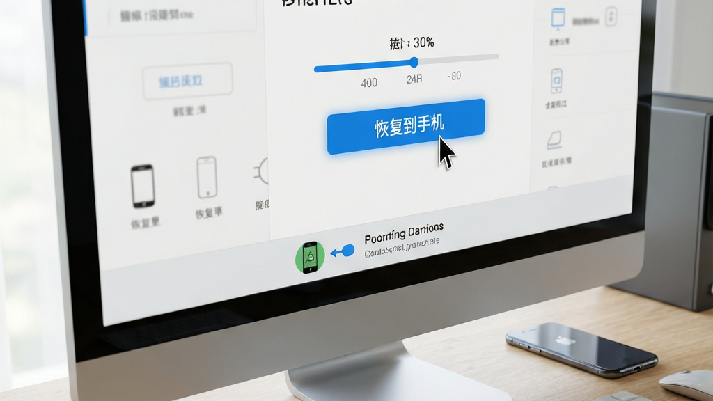 画面主体为电脑屏幕显示软件操作界面,鼠标指针悬停在“恢复到手机”按钮上,屏幕下方有手机连接成功的提示横幅。布局采用侧视角构图,电脑屏幕内容清晰可见,桌面摆放一部iPhone。排版风格写实逼真,细节突出界面按钮的蓝色高亮与进度条动画。整体风格干净明亮,画质高清,无多余元素。