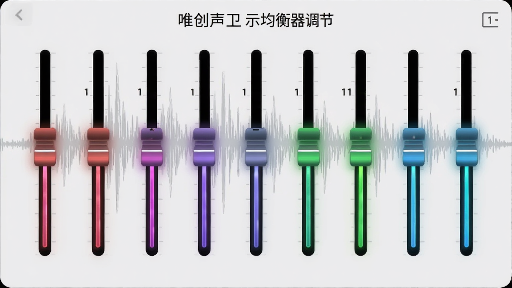 唯创声卫示均衡器调节页面,展示10段式滑块界面,不同频段滑块呈现不同颜色,背景为浅灰色波形图,界面简洁直观,滑块带有发光效果,画质清晰,无多余元素