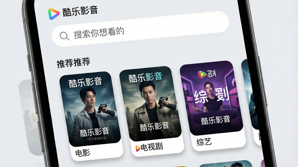 主体:酷乐影音资源聚合界面,手机屏幕上展示分类推荐列表和搜索框。布局:上方是搜索栏,下方是横向滑动的海报卡片。排版:卡片式布局,圆角设计。风格:清新简约,背景为浅灰色,卡片有阴影。细节:海报卡片上标注有“酷乐影音”字样,搜索框内显示“搜索你想看的”,推荐分类包括电影、电视剧、综艺。画质:清晰明亮,干净无多余元素。