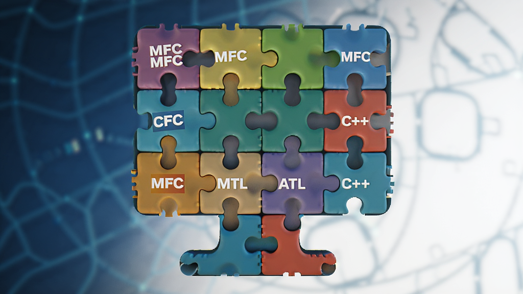 一张展示多个彩色模块拼图组合的图片,每个模块上标有“MFC”、“ATL”、“C++”等文字,模块紧密拼接成一台电脑形状,背景为深蓝色科技感渐变,整体风格专业且具有科技感,画质清晰,干净无多余元素