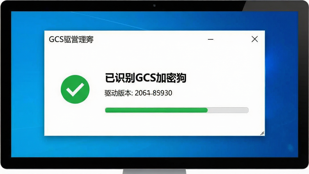 一张展示GCS加密狗驱动插件智能识别功能的界面截图,主体为电脑屏幕上的驱动管理窗口,窗口内显示“已识别GCS加密狗”和驱动版本信息,布局清晰,风格简洁现代,细节包括绿色对勾图标和进度条,画质干净,无多余元素