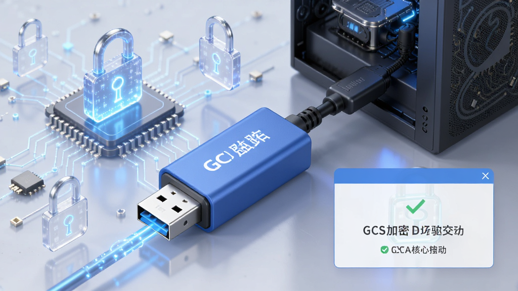 一幅展示GCS加密狗驱动插件核心功能的3D渲染图,主体为蓝色调加密狗硬件与电脑主机连接,背景有半透明的电路板和数字锁图标,布局居中,风格科技感十足,细节包括USB接口发光线条和驱动安装成功提示窗,画质高清,干净无多余元素