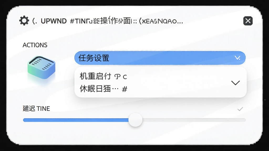 UPWND定时器操作界面预览图,显示一个任务设置窗口,包含动作下拉菜单(关机、重启、休眠等)和延迟时间滑块,背景为纯白色,界面采用圆角设计,图标清晰,整体风格清爽,画质细腻