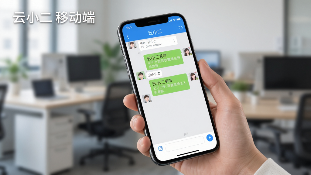 一幅云小二手机端使用场景的插图,主体为一只手拿着手机,屏幕显示云小二聊天界面,背景为模糊的办公环境。布局自然,风格写实,细节清晰,画质高,文字标注“云小二 移动端”,整体干净。