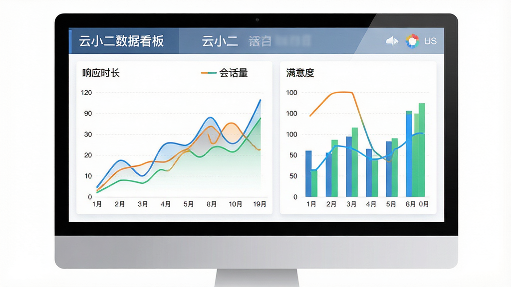 一幅云小二数据报表的图表插图,主体为电脑屏幕上的折线图和柱状图,显示“响应时长”、“会话量”、“满意度”等指标,图表配色鲜艳,背景为白色,布局清晰,风格商务,细节专业,画质干净,文字标注“云小二数据看板”。