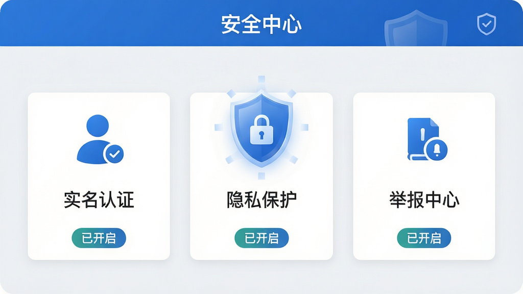 主体:悠伊软件的安全认证界面,展示“实名认证”、“隐私保护”、“举报中心”三个模块。布局:三个模块以卡片形式横向排列,中间有盾牌图标。排版:界面简洁,图标与文字结合,背景为浅灰色。风格:商务安全风,蓝色与白色为主,体现可靠感。细节:每个卡片下方有“已开启”状态标签,顶部有“安全中心”字样。画质:高清,干净无多余元素。