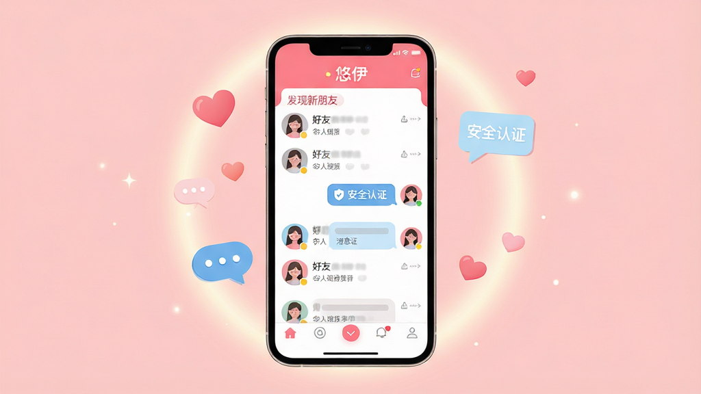 主体:手机屏幕展示悠伊聊天交友软件界面,界面中有好友列表、消息气泡、个人头像。布局:手机居中,屏幕内容清晰可见,周围有柔和的光晕和漂浮的爱心、对话气泡装饰。排版:手机竖屏展示,界面元素排列整齐,上方显示“悠伊”字样。风格:现代扁平化设计,色彩明亮温暖,以粉色和淡蓝色为主。细节:屏幕中显示“发现新朋友”、“安全认证”等标签,底部有导航栏。画质:高清渲染,干净无多余元素。