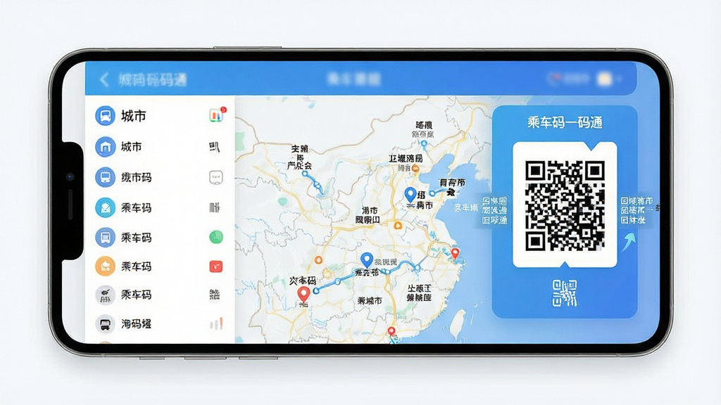 一张展示多城市公共交通互联的示意图,主体为“乘车码一码通”APP界面,地图上标记多个城市,布局为城市列表与二维码切换,风格简洁现代,细节包括城市名称与乘车码切换动画,画质高清干净无多余元素