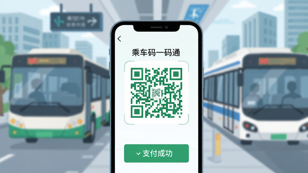 一幅现代城市公共交通场景的插画,主体为手机屏幕显示“乘车码一码通”绿色二维码,背景虚化公交与地铁,排版居中,风格扁平清新,细节包括扫码支付成功提示,画质清晰干净无多余元素