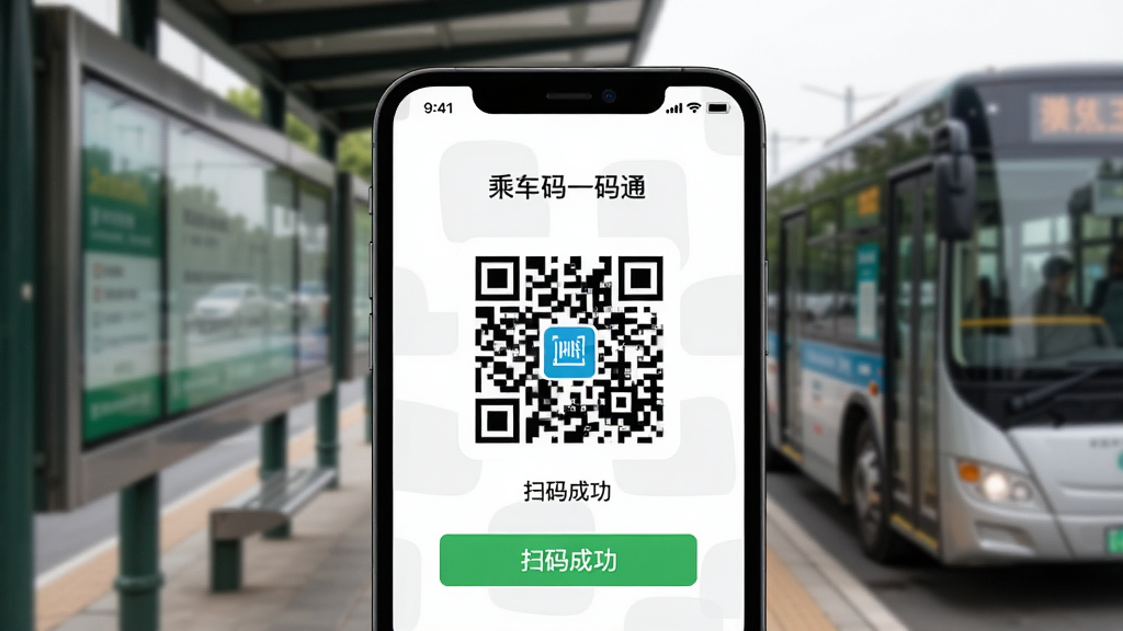 一张智能手机显示“乘车码一码通”二维码,并配有“扫码成功”提示的界面,主体为手机屏幕特写,布局居中,风格写实,细节包括背景虚化的公交站台,画质清晰干净无多余元素