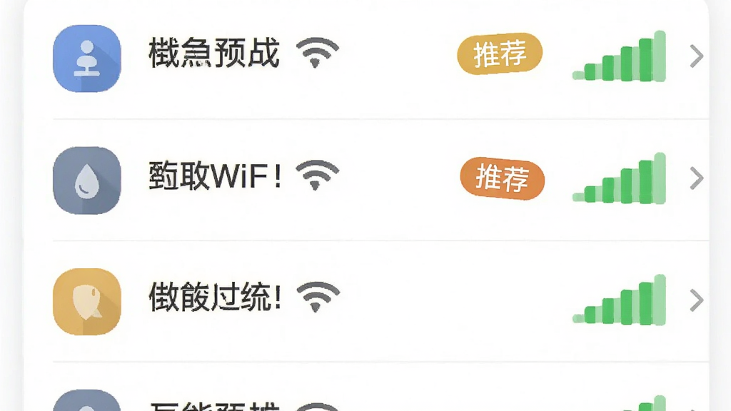主体为万能WiFi钥联应用界面展示附近WiFi列表,布局上采用列表式排列,每个网络名称旁有信号强度图标,风格扁平化设计,细节突出“推荐”标签和绿色信号条,画质清晰干净,无多余元素
