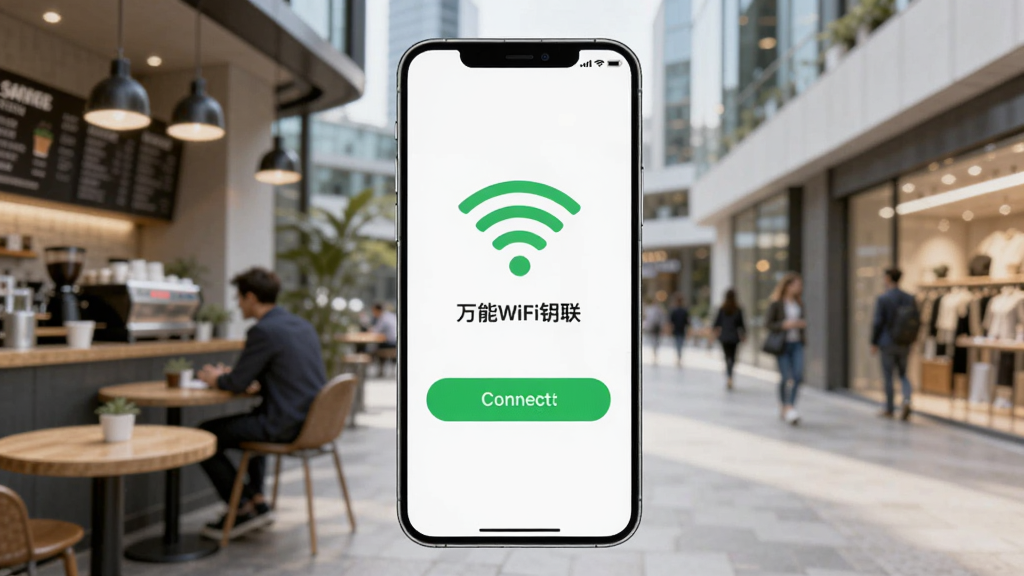 主体为一部智能手机屏幕显示“万能WiFi钥联”连接成功界面,背景是模糊的现代城市公共空间,有咖啡馆和商场环境元素,布局以手机为中心居中构图,风格写实且明亮,细节包括WiFi信号图标和绿色连接按钮,画质清晰干净,无多余元素