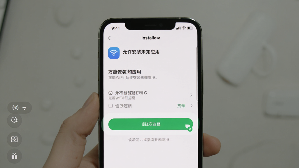 主体为万能WiFi钥联应用在手机上的安装界面,布局显示“允许安装未知应用”设置页面,风格简洁,细节突出安装按钮和权限选项,画质清晰干净,无多余元素
