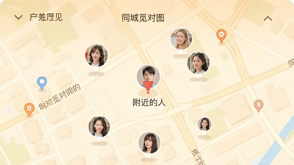 同城觅对地图定位界面,显示用户当前位置附近的人头像分布,地图为暖色调,有街道名称和地标建筑,界面简洁清晰,标注