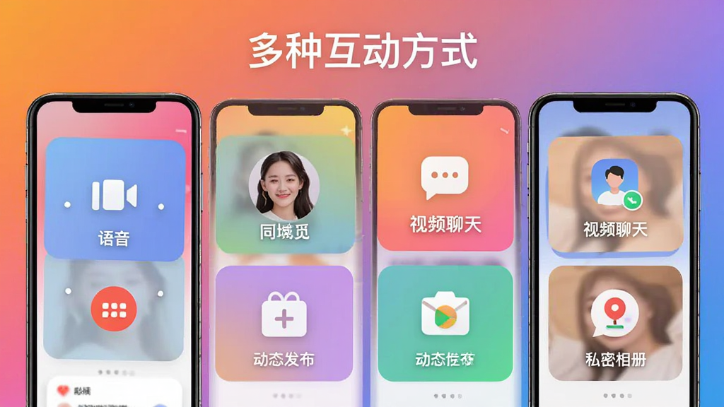 同城觅对互动功能展示,手机界面分成多个小窗口,分别显示语音通话、视频聊天、动态发布、私密相册等图标,背景为渐变色,色彩活泼,画质干净,标注