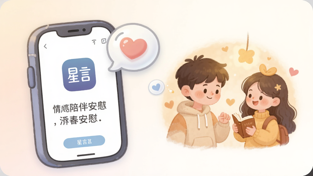 一张星言应用情感陪伴功能的概念图,主体为卡通风格手机与爱心气泡,手机上显示星言图标和安慰语句,布局采用左右构图,左侧手机右侧温馨插画,风格清新治愈,细节包括柔和的色彩过渡,画质干净无多余元素