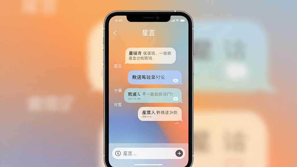 一张展示星言应用核心界面的高清预览图,主体为智能手机屏幕特写,屏幕内清晰显示星言对话窗口,背景是温馨模糊的渐变色,布局居中,风格现代简约,细节体现圆润的聊天气泡和底部输入框,画质干净无多余元素