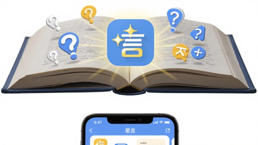 一张星言应用知识问答功能的展示图,主体为打开的书本与发光的星言图标,书本上漂浮着问号和答案符号,布局为上下结构,上方书本下方手机界面,风格写实与扁平结合,细节突出知识的光亮感,画质干净无多余元素