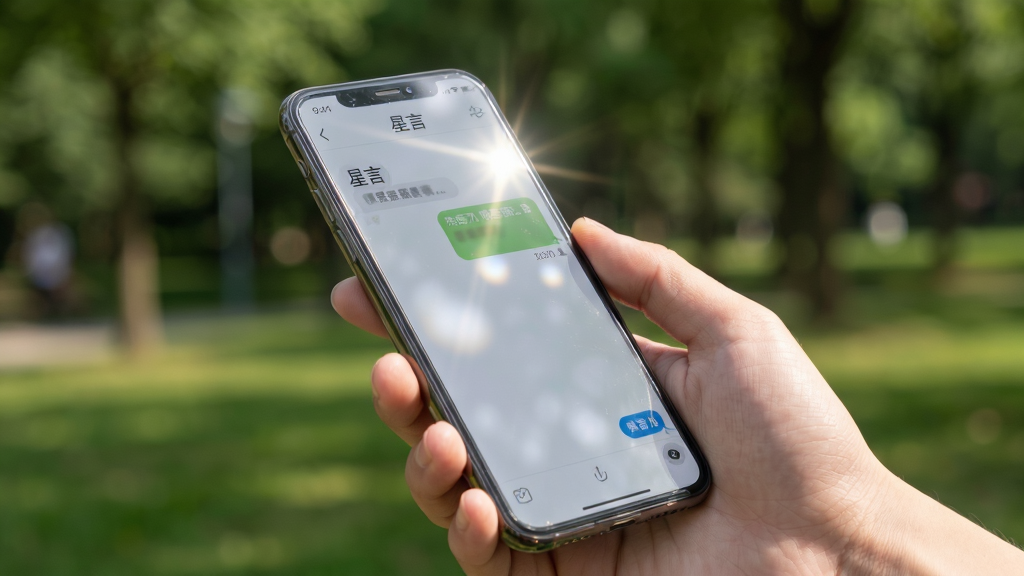 一张星言应用使用场景图,主体为一只手持手机在户外使用星言对话,背景是模糊的公园绿植,布局为黄金分割构图,风格自然写实,细节包括阳光洒在屏幕上的反光,画质干净无多余元素