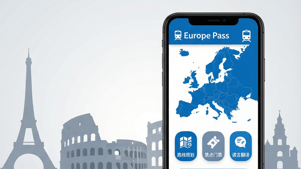 主体:一部智能手机屏幕展示Europe Pass应用主界面,界面风格简洁现代,主色调为蓝色和白色,地图为欧洲大陆轮廓。布局:手机居中偏右,左侧留白,背景为浅灰色渐变,搭配埃菲尔铁塔、罗马斗兽场等欧洲地标剪影。排版:手机屏幕内显示“Europe Pass”字样和列车图标,下方有“路线规划”“景点门票”“语言翻译”三个圆角图标。风格:扁平化矢量插画风格,色彩明快,细节干净。画质:高清,干净,无多余元素。