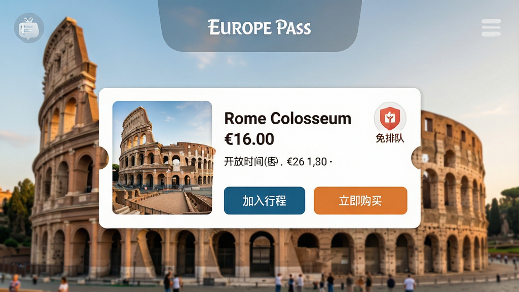 主体:Europe Pass应用界面展示景点门票购买页面,背景为罗马斗兽场实景照片,前景为电子门票卡片。布局:门票卡片位于屏幕中央,显示“Rome Colosseum”和“16.00”价格,下方有“加入行程”和“立即购买”两个按钮。排版:卡片左侧为斗兽场缩略图,右侧为景点名称、开放时间、免排队标识。风格:写实与UI结合,色彩温暖,突出旅游氛围。画质:高清,干净,无多余元素。