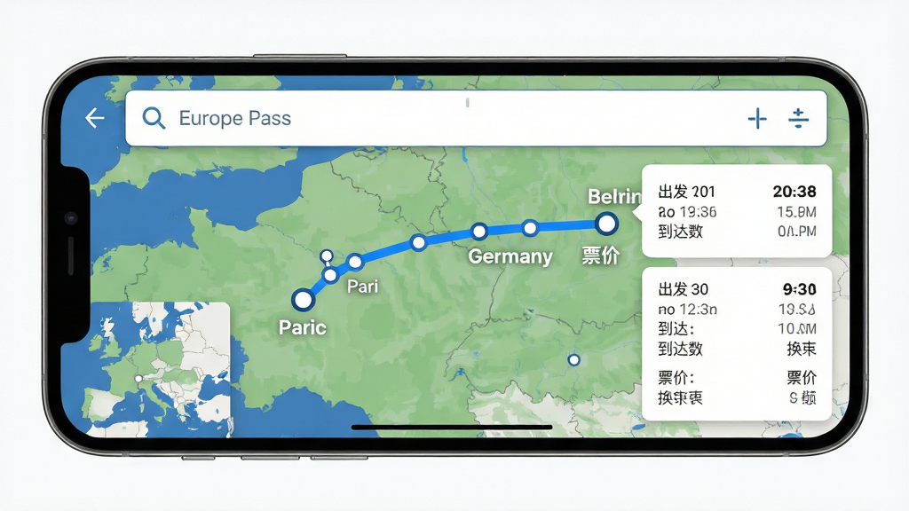 主体:Europe Pass应用在智能手机上展示多国交通路线规划界面,屏幕中显示法国巴黎到德国柏林的高铁线路图,沿线标注主要停靠站。布局:手机横屏展示,屏幕上方为搜索栏,下方为路线卡片列表,左侧为欧洲地图缩略图。排版:地图上以蓝色线条连接巴黎和柏林,途经城市用白色圆点标记,右侧卡片显示出发时间、到达时间、票价和换乘次数。风格:现代扁平化UI设计,界面清晰,信息层级分明。画质:高清,干净,无多余元素。