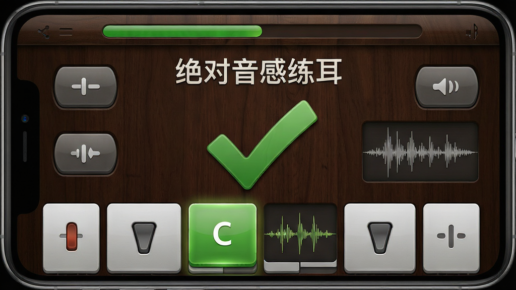 主体:手机屏幕特写,界面显示“绝对音感练耳”的听音答题页面,中央有一个大的绿色对勾。布局:全屏展示应用界面,顶部为进度条,中间为音高选择键盘。排版:左右对称,功能按钮排列整齐。风格:拟物化风格,界面质感细腻,背景为深色木质纹理。细节:键盘上的C键被高亮显示,旁边有波形图反馈。画质:超清,干净,无多余元素。