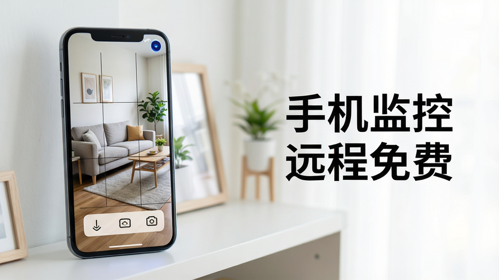 主体:一部智能手机被放置于客厅角落的置物架上,屏幕显示清晰的监控画面,画面中可见客厅全景。布局:手机位于画面左侧三分之一处,右侧留白区域用文字标出“手机监控远程免费”字样。排版:手机屏幕内显示网格线辅助构图,下方配有简洁的图标按钮。风格:写实风格,明亮通透的家居环境。细节:手机摄像头区域有微弱的蓝光指示,画面中沙发、茶几、绿植清晰可辨。画质:超高清4K画质,干净,无多余元素。