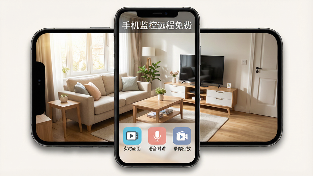 主体:手机监控远程免费软件在手机上的运行界面,展示高清的客厅监控画面。布局:手机屏幕居中,周围有淡淡的阴影,屏幕内是客厅场景,上方有“手机监控远程免费”的软件名称水印。排版:界面下方有“实时画面”、“语音对讲”、“录像回放”三个功能按钮图标。风格:扁平化界面设计,色彩柔和。细节:客厅画面中光线充足,沙发、茶几、电视柜等家具摆放整齐,窗外阳光洒入。画质:高分辨率,干净,无多余元素。
