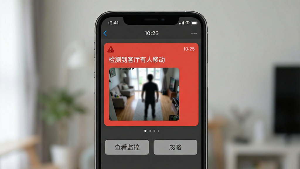 主体:手机监控远程免费软件的报警通知界面,显示一条推送消息。布局:手机屏幕占据画面中央,屏幕上端是时间栏,中间是通知详情,底部是“查看监控”、“忽略”两个按钮。排版:通知内容为“检测到客厅有人移动”,并附有抓拍的彩色缩略图。风格:简洁的移动端通知样式,带有红色警示色块。细节:缩略图中可以看到一个模糊的人影轮廓,通知时间显示为“10:25”。画质:清晰锐利,干净,无多余元素。