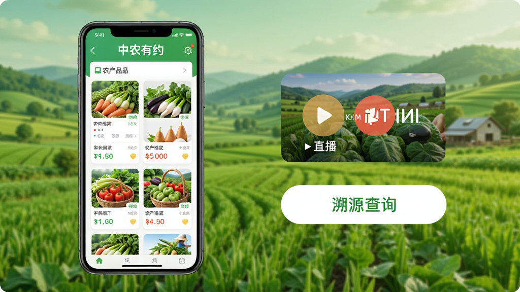 中农有约app主界面展示,手机屏幕显示农产品列表、直播入口和溯源查询按钮,背景为绿色田园风光,布局清晰,排版简洁,风格现代清新,细节包含产品图片和价格标签,画质高清干净无多余元素