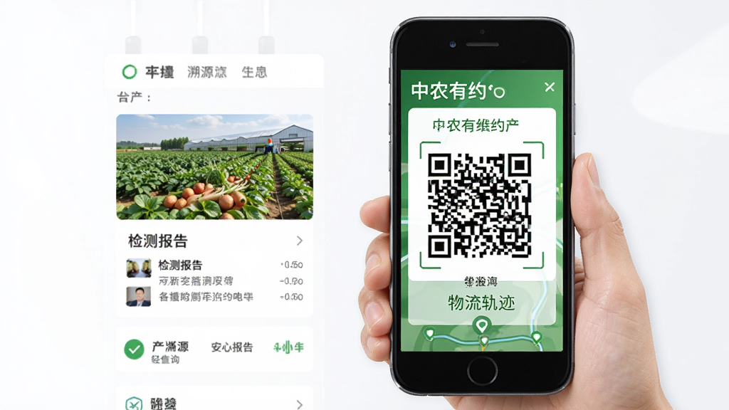 中农有约溯源查询页面,手机扫描二维码后显示农产品溯源信息,包含产地照片、检测报告、物流轨迹,布局左右分栏,风格简洁商务,细节有绿色对勾图标,画质清晰干净