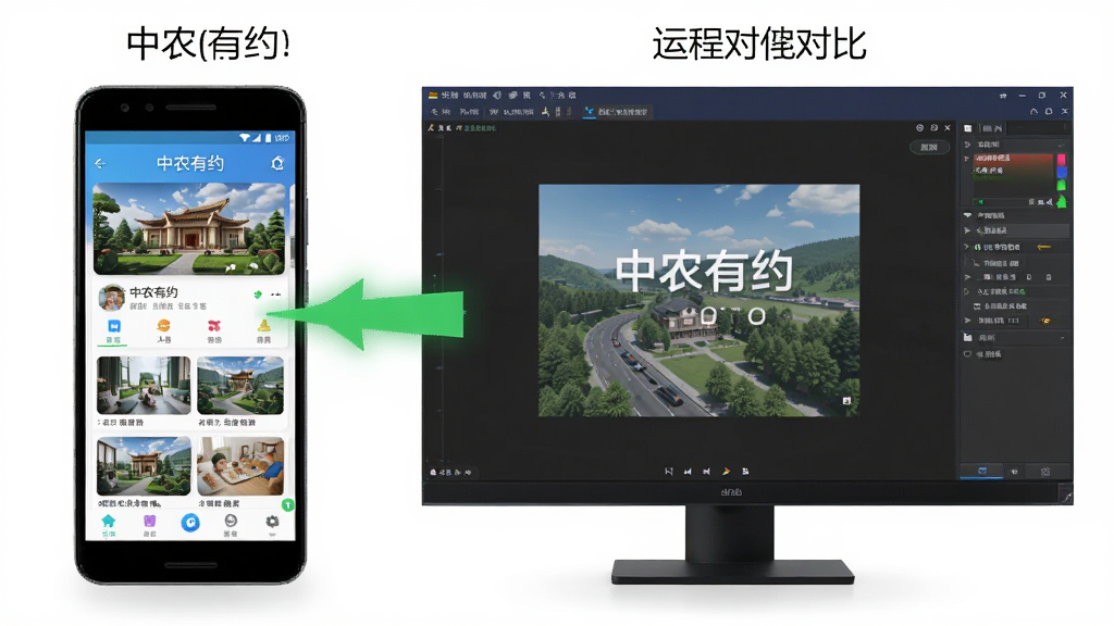 中农有约在安卓手机和电脑模拟器上运行对比图,左侧手机显示app界面,右侧电脑屏幕显示模拟器窗口,布局左右对比,排版整洁,风格科技感,细节有绿色箭头指向,画质高清干净