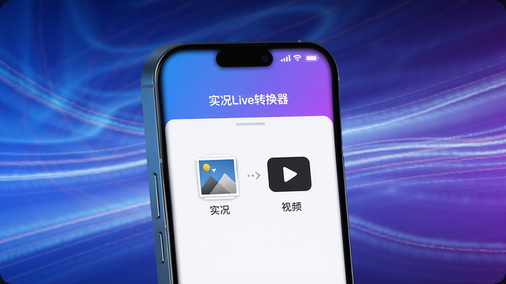 高清数字渲染风格的主视觉图,前景是智能手机屏幕展示“实况Live转换器”操作界面,界面中有动态照片与视频格式互换的图标,背景是流动的光影与动态模糊的运动轨迹,整体色调以蓝紫渐变为主,突出科技感与动态效果,画面干净无多余元素,画质清晰,无文字水印。