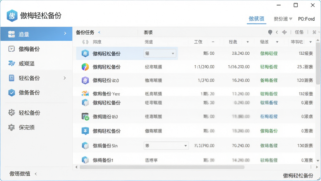 图片展示傲梅轻松备份主界面,左侧功能菜单清晰,右侧备份任务列表,整体风格简洁明亮,界面布局规整,文字标签为“傲梅轻松备份”,画质清晰干净,无多余元素